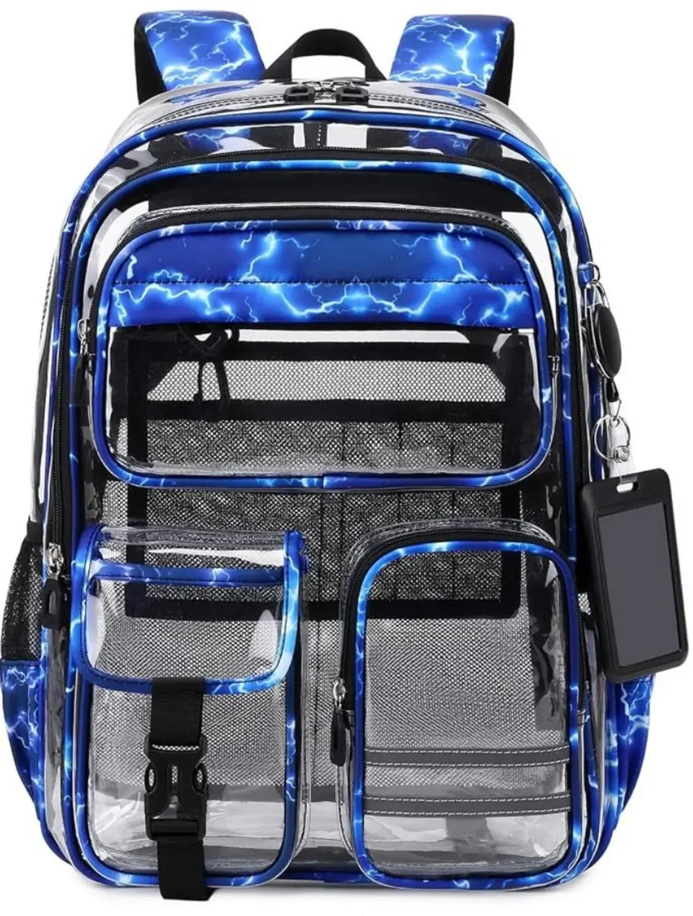 Heavy Duty Clear Transparent Backpack Stadium Bag School Bookbag- Blue Lightning